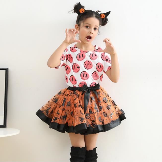Tenue d Halloween pour filles ensemble trois pieces tete de citrouille tete de crane jupe Tutu a manches courtes 2023 Oranges Cdiscount Pret a Porter