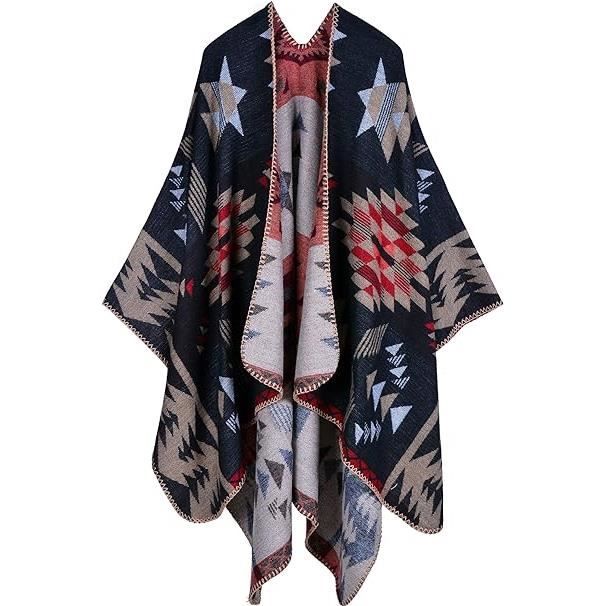 Châle Cape Femme Épaissi - Écharpe Poncho Ouvert, Cachemire Imitation, 160x130 Cm, Cadeau Noël Chaud
