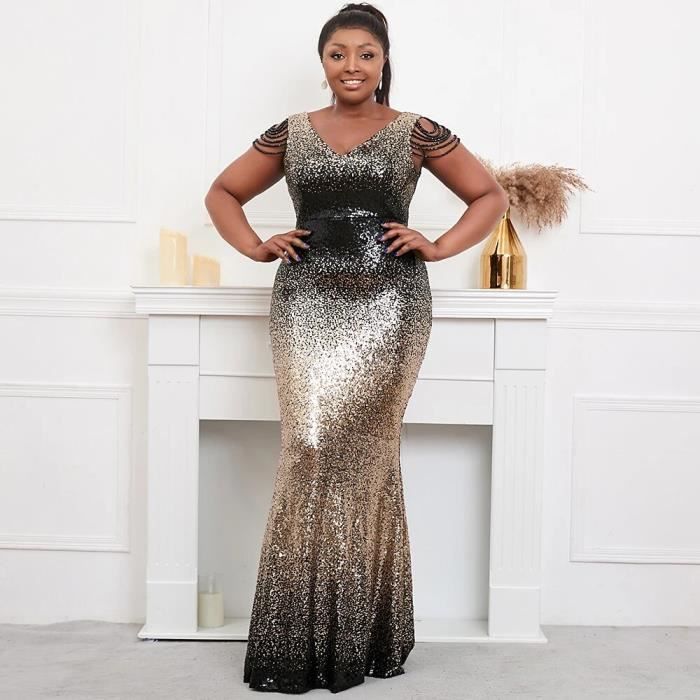 Robe Robe de soiree a paillettes dorees pour femmes grande taille noir perles elegante col en V soiree maxi longue robe Black Gold Blanc Cdiscount Pret a Porter
