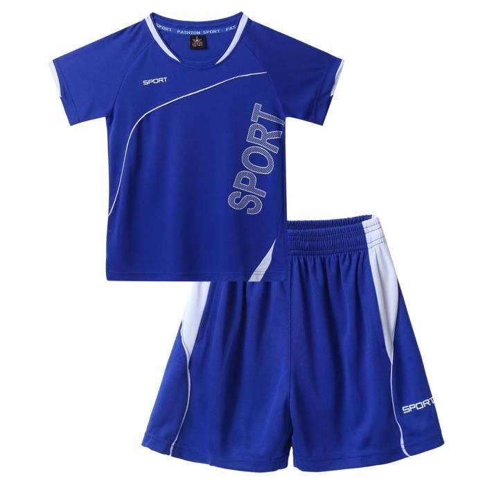 yizyif enfant garcon ensemble maillot et short survêtement sport football basketball 7-14 ans bleu