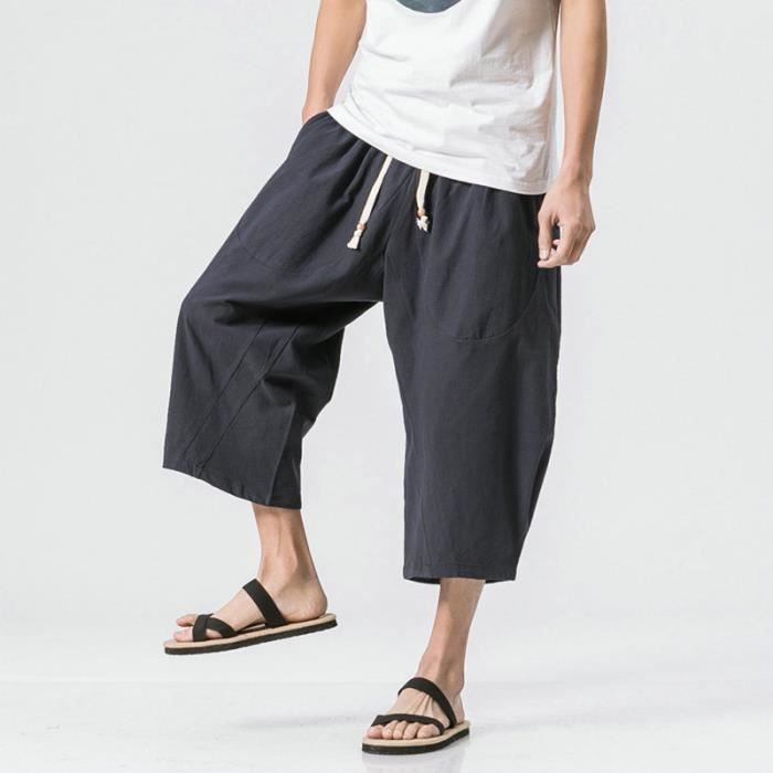Pantalon Yoga Homme Lin Été Léger - Jogging Respirant Baggy Cargo Large Cordon Serrage - Shorts 3/4 Pantacourt Plage