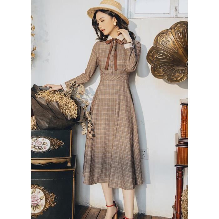 Robe femmes - longue Vintage ?� carreaux avec n??ud - FR11FG Kaki - Cdiscount Pr??t-?�-Porter