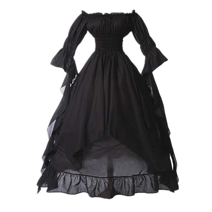 Robe longue a manches longues et col carre pour femmes cosplay vintage manches bouffantes taille haute solide robe fluide XL Noir Cdiscount Pret a Porter