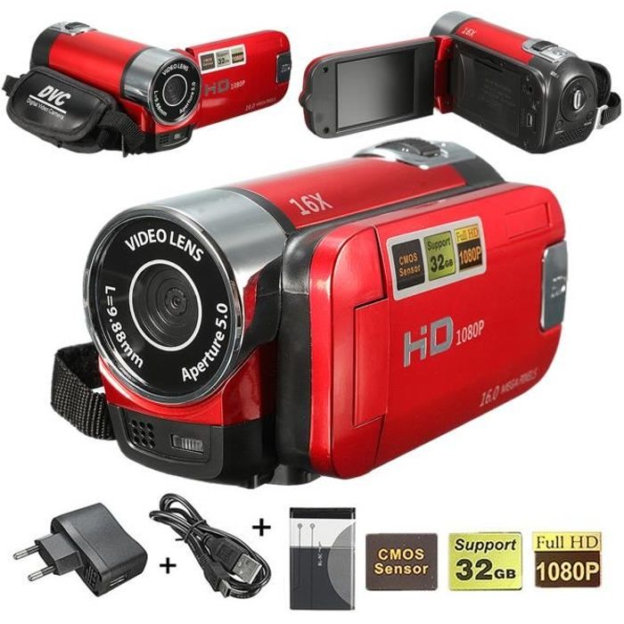 16MP CMOS 16X Zoom 2.7'' FHD 1080P LCD Digital Vidéo Caméra Caméscope DV Numérique Rechargeable Cadeau ROUGE