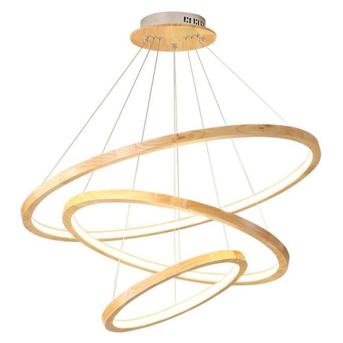 Led Suspension Modern Lampe Plafond Design Luster 3 Anneau Bois Pendante Décorative Hauteur Réglable Suspendue Lumière Salon
