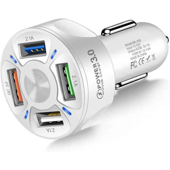Chargeur Allume-cigare 4 Ports USB - 12-24V, Charge Rapide Intelligente, Pour Téléphone, Tablette, GPS