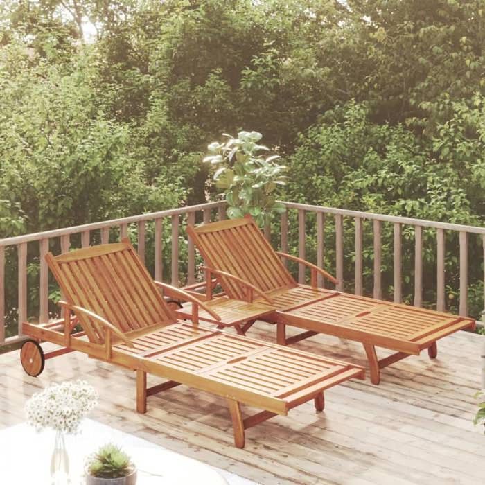 vidaXL Lot de 2 Ensemble de Chaises Longues Table Bain de Soleil avec Pieds Fauteuil avec Dossier Jardin Extérieur Bois 3104966