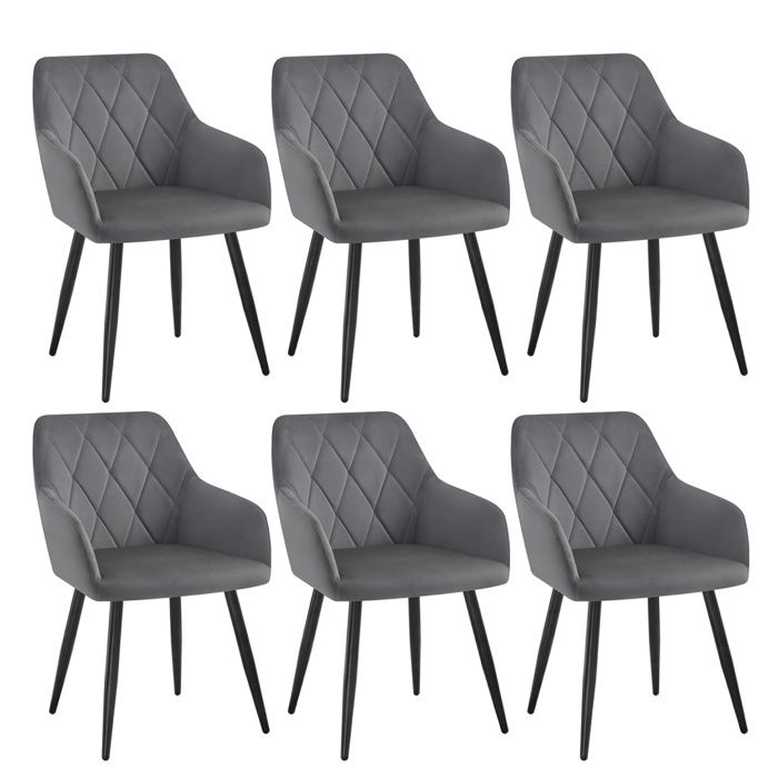WOLTU 6x Chaise Salle à Manger Chaise de Cuisine en Velours Assis Rembourré et Pieds en Métal Gris Foncé BH352dgr-6