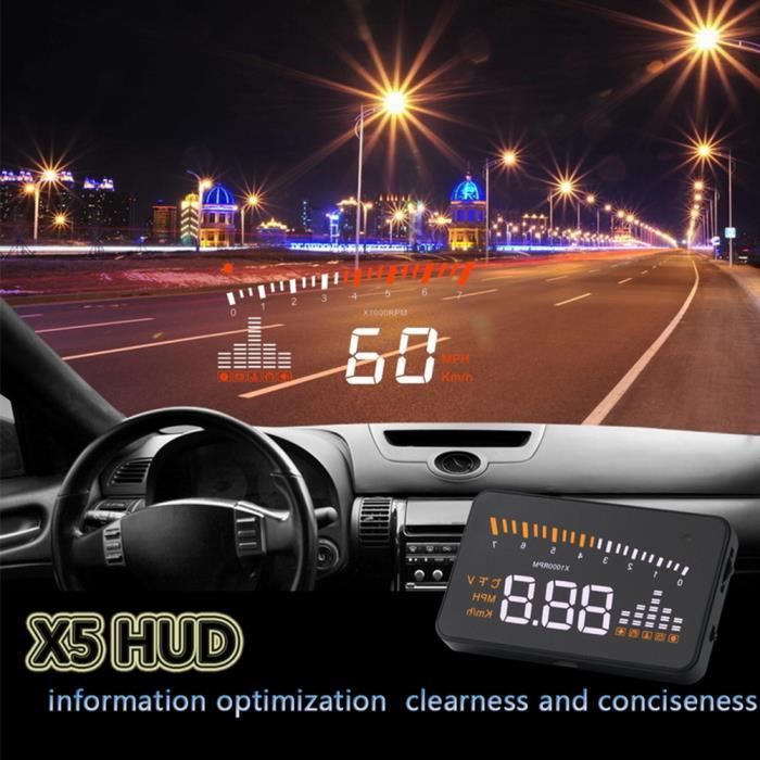 Affichage tête haute de voiture, compteur de vitesse HUD de 8,9 cm,  projecteur de pare-brise de paramètre automobile, réflexion d'image  virtuelle, avertissement de survitesse, compatible avec système OBD2 :  : Électronique