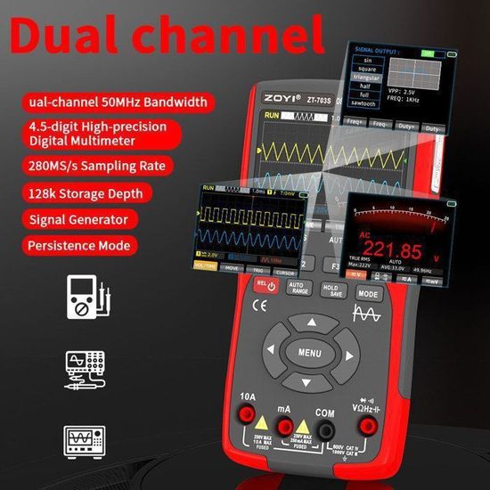 ZOYI-Multimètre Oscilloscope Portable à Double Canal, écran Couleur, Instrument De Réparation Automatique, Mesure Multifonction, 3 En 1, 703s  1420