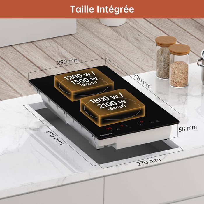 Gudsunal Plaque Induction 2 Feux Encastrable 3600W – Zone Flexible, Boost Ultra Rapide, 9 Niveaux, Minuterie & Sécurité Enfant
