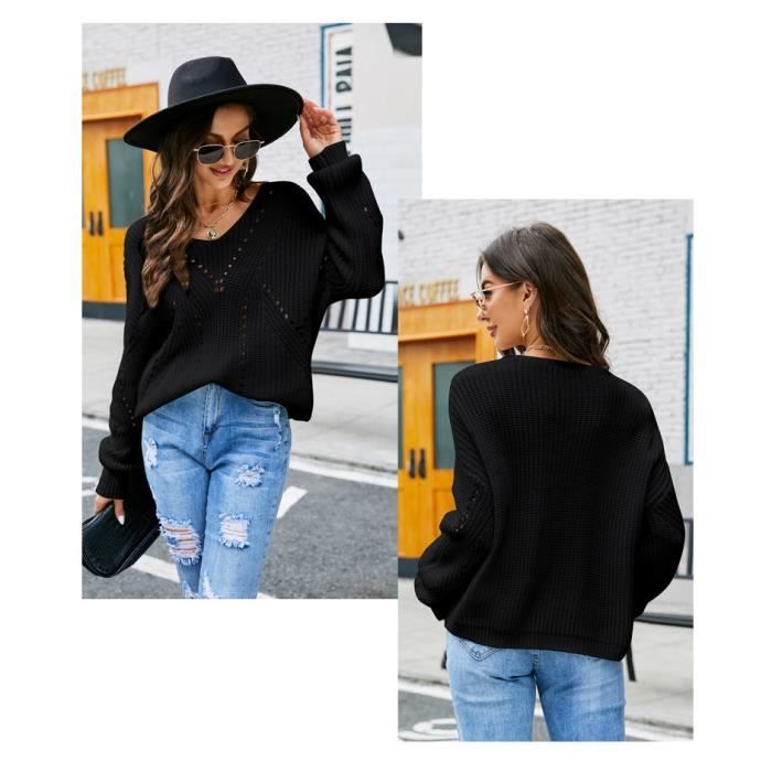 Pull Femme INSFITY Chandail Loose Fit Manches Longues Col V Noir
