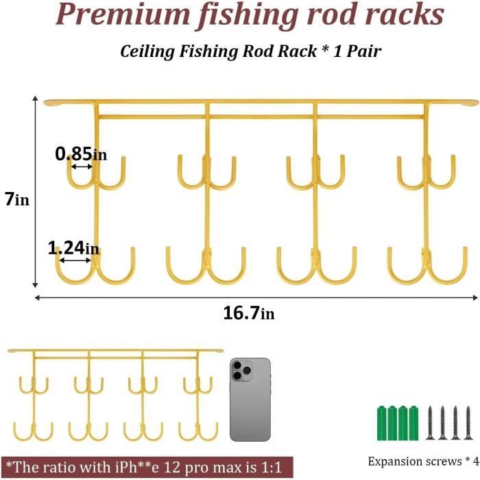 THKFISH Support De Canne à Pêche Plafond – 2 Supports Pour 12 Cannes, Robuste, Pour Garage, Bateau, Cabane