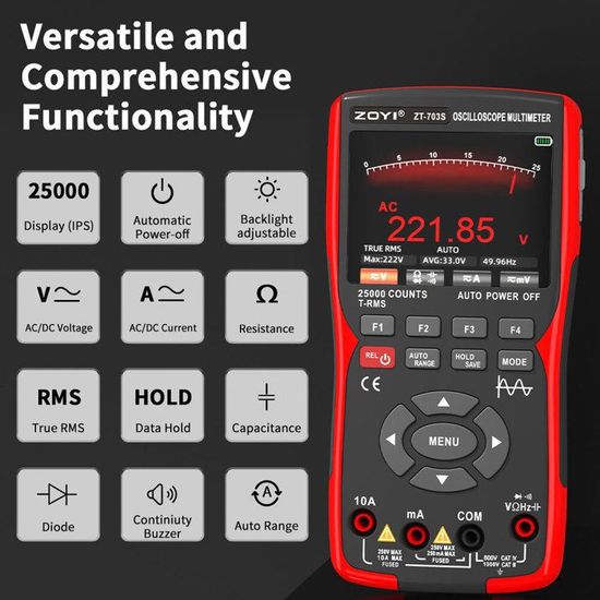 Oscilloscope Portable ZOYI ZT-703S 3 En 1 - 50MHz, Multimètre 25000 Counts, Générateur De Signaux, Batterie Rechargeable