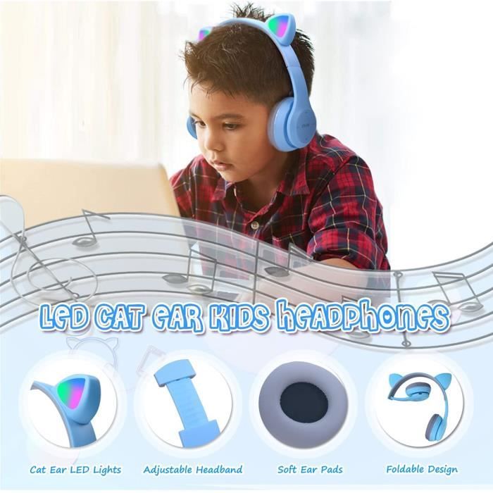 Casque pour enfants, Cat Ear Led Light Up Casque Bluetooth pliable pour  enfants, 2 en 1 Mode filaire / sans fil HD Stéréo Son pour PC / téléphone /  ipad / étude / voyage