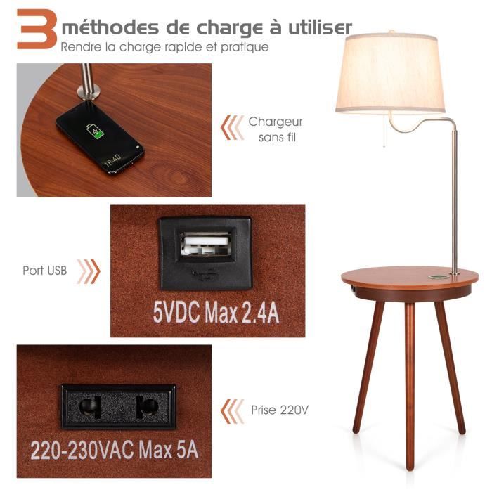 Lampe de Table USB, Multifonctionnelle avec 2 Prises Secteur, 3 Ports de Charge  USB et Organisateur de Support de Téléphone en Bois - Cdiscount Maison