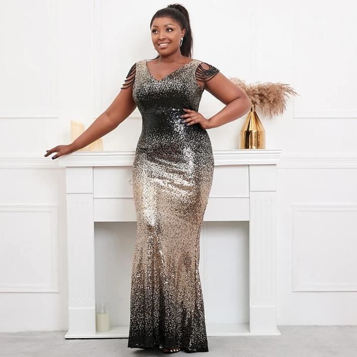 Robe Robe de soiree a paillettes dorees pour femmes grande taille noir perles elegante col en V soiree maxi longue robe Black Gold Blanc Cdiscount Pret a Porter