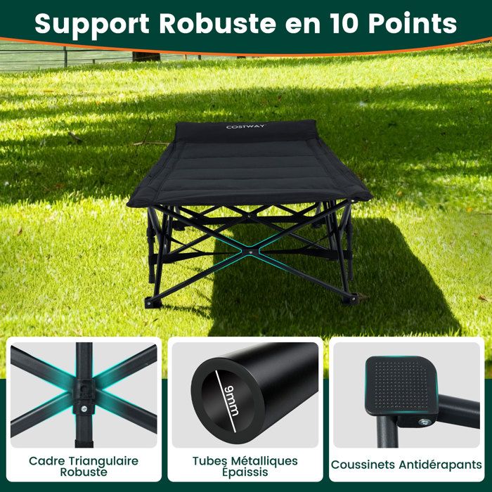 Lit De Camping COSTWAY 2 En 1 Pliable – 2 Hauteurs (40,5/15 Cm), Aluminium, Poche Latérale, Sac De Transport, Charge 150 Kg