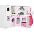 HOMCOM Cuisine d'angle pour enfants avec accessoires, sons et lumières - en MDF - rose et blanche-0