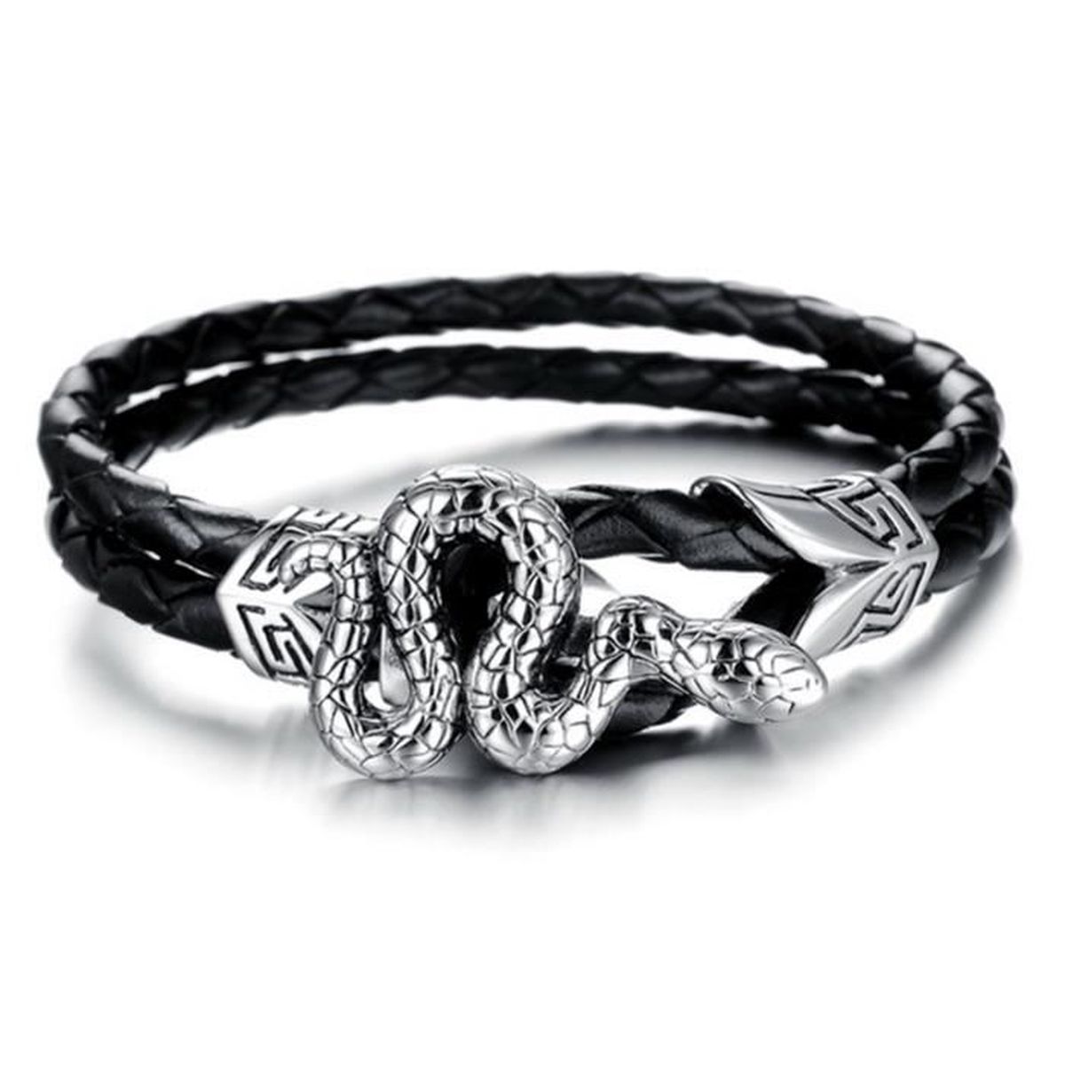 Bracelet Rétro Bijoux Homme Serpent Dessin Cuir Véritable Noir en Acier