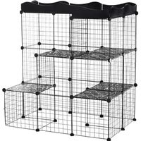 PawHut Cage parc enclos pour petits animaux chats visons modulable 3 niveaux 2 portes rampe fil métallique 105 x 70 x 105 cm noir