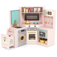 COSTWAY Cuisine d'Angle Enfants avec Réfrigérateur Latéral, Cuisinière de Jeu en Bois avec Machine à Laver, Téléphone Simulé, Ustensiles de Cuisine, Jouet d'Imitation pour Tout-Petits de 3 Ans