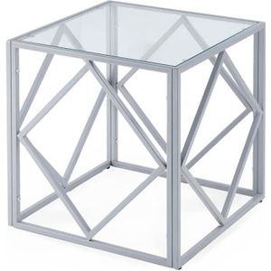 TABLE BASSE Table basse en verre et métal carrée Clara - Design contemporain - Gris