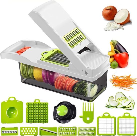 Coupe-légumes Multifonction Romon 15 En 1 - Avec 8 Lames Inox, Râpe, éplucheur, Presse - Pour Cubes, Bâtonnets, Tranches - 8