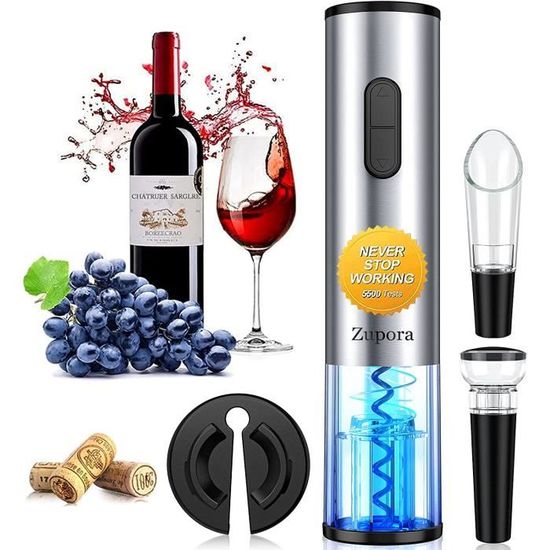 Ouvre-bouteille électrique Bi-Komfort - Set Cadeau Avec Coupe-capsule, Bec Verseur & Bouchon Pompe à Air - Pour Vin - 3