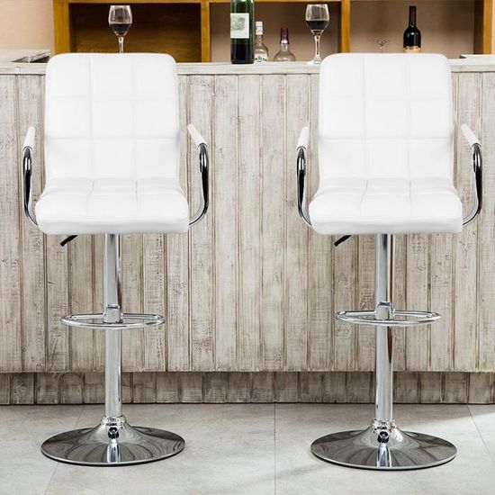 2 PCS Tabouret de Bar, Chaises de bar réglable A 360° Blanc - Pivotant