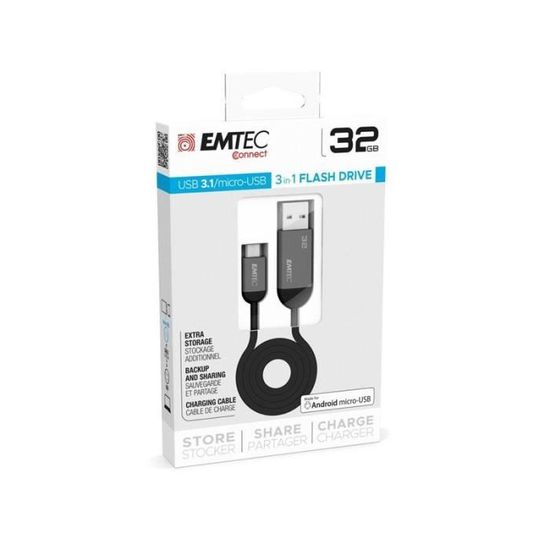 Clé USB EMTEC T750 - 32Go - USB 3.1 - Jusqu'à 85 Mo/s - Blanc