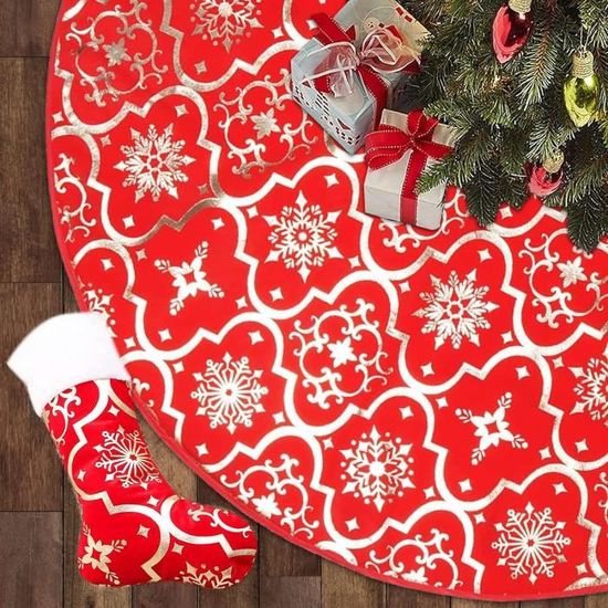 Jupe De Sapin Noël Rouge 120 Cm - Tapis Peluche Bonhomme De Neige, Décoration Maison