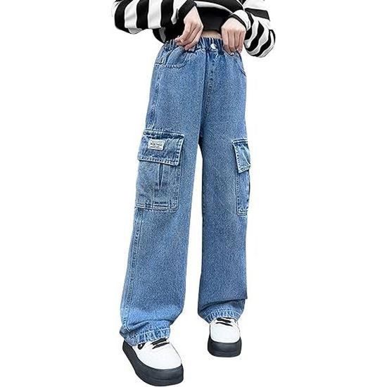 Pantalon Cargo Baggy Jeans Denim Fille Taille Élastique 5-14 Ans