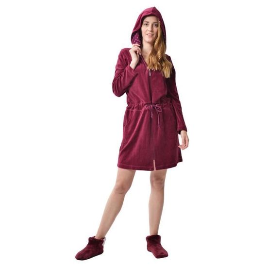 Peignoir Femme Velours Chaud RAIKOU – Robe De Chambre Capuche Fermeture Éclair & Cordon – Homewear Sauna