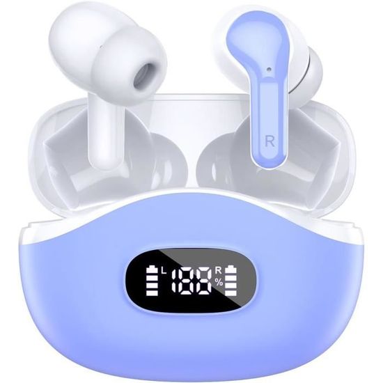 Écouteurs Bluetooth 5.3 Sans Fil - Stéréo, Micro ENC, 40h Autonomie, étanche IP7 - Mini, écran LED, Contrôle Tactile - Violet