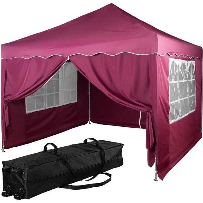 INSTENT Structure de tonnelle pliante + 4 panneaux 3x3 m acier « BASIC » couleur rouge, avec sac de transport à roulettes