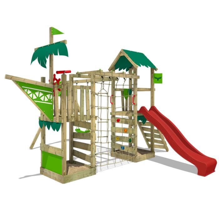 FATMOOSE Aire de jeux Portique bois WaterWorld avec balançoire et toboggan rouge Maison enfant extérieure avec bac à sable