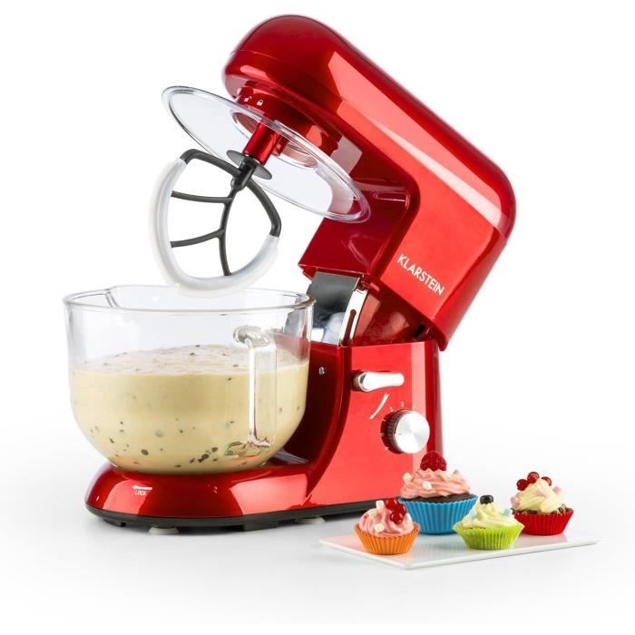 Klarstein Bella Rossa 2G - robot de cuisine, mélangeur, pétrin, 1200 W, 5,2 l, 6 vitesses, pétrin à planétaire, bol en verre, fixati