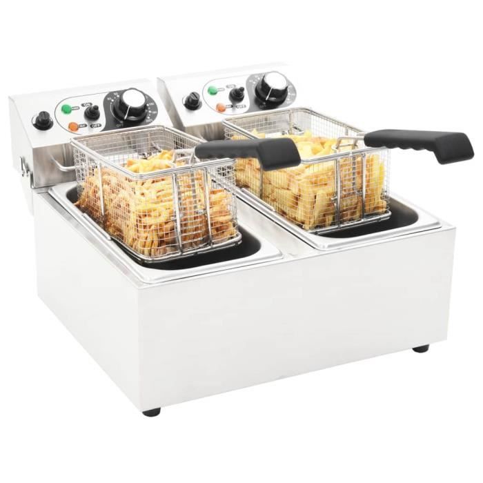 Friteuse électrique Double Professionnelle 4000 W - 12 L - Avec Zone Froide - Cuisine&Restaurant - En Inox Blanc