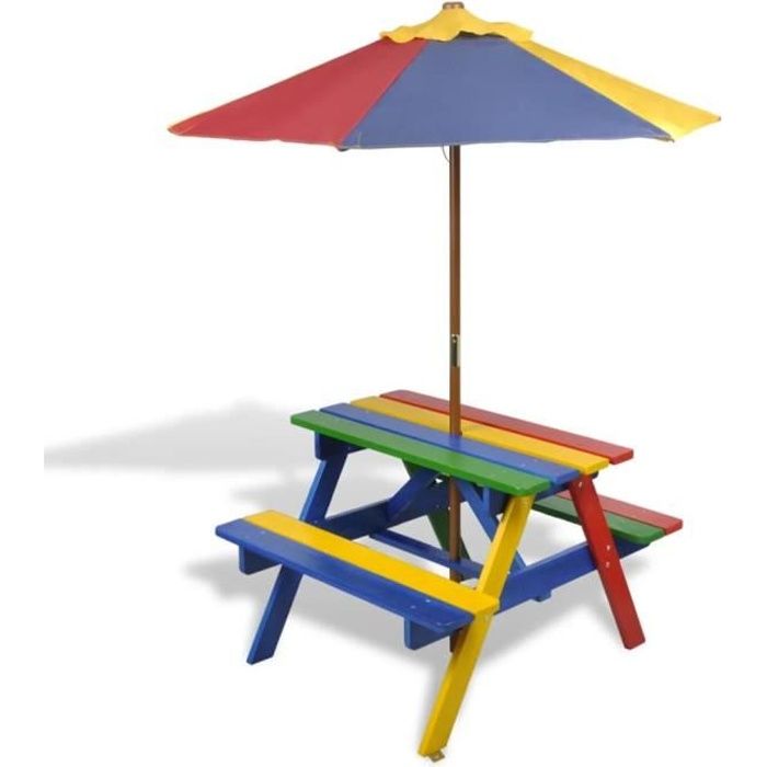 2225®Bon Table et bancs de pique-nique,Balcon,Ensemble Table et 2 bancs avec parasol pour enfants,Salon de Jardin,4 Enfants Bois