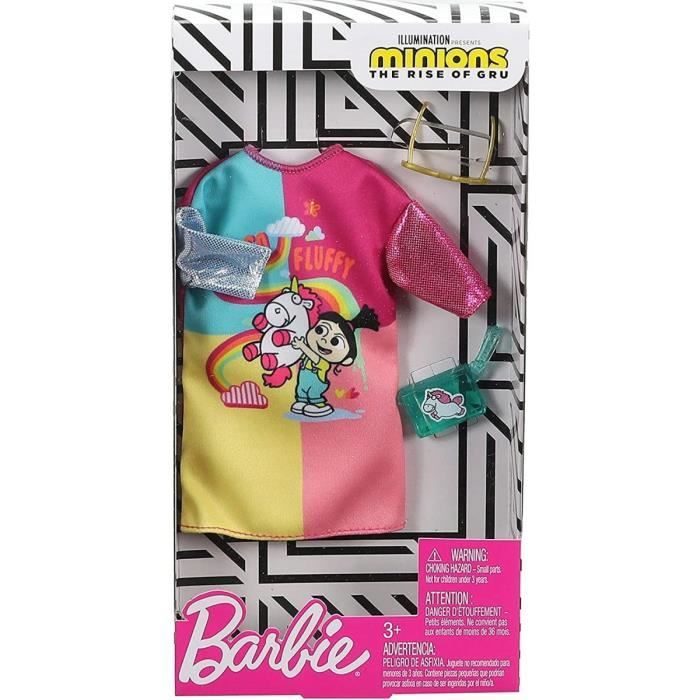 Barbie - Habit Poupee Mannequin Minions - Robe Multicolor Licorne Avec Sac A Main Et Lunette - Vetement - Tenue - Accessoire