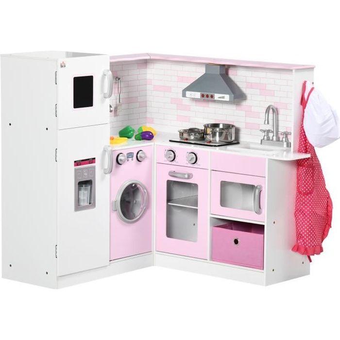 HOMCOM Cuisine d'angle pour enfants avec accessoires, sons et lumières - en MDF - rose et blanche