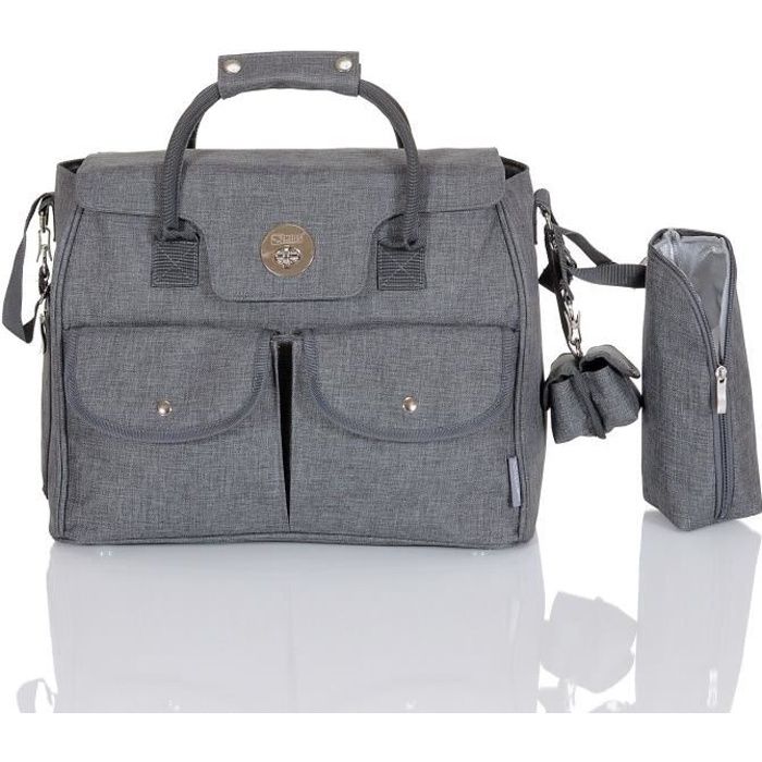 LCP Kids Sac à Langer Bandoulière des 5 Pieces Grand Imperméable Attache Poussette Poche Isotherme RIO, Gris