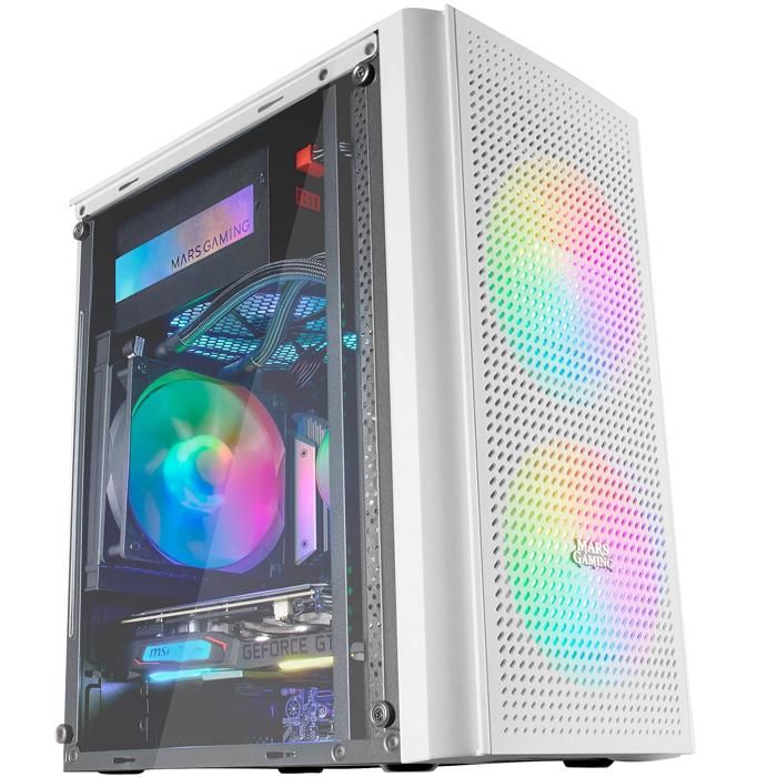 Mars Gaming MC300 Blanc - Boîtier PC Micro ATX - Verre Trempé +Frontal Mesh - 3 Ventilateurs FRGB