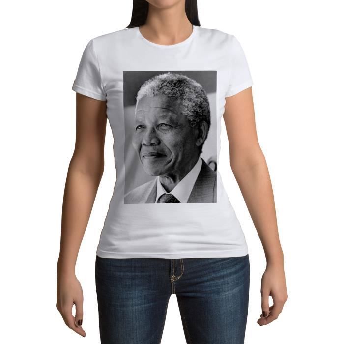 T-shirt Femme Col Rond Nelson Mandela Portrait Militant Droits Humains Afrique du Sud