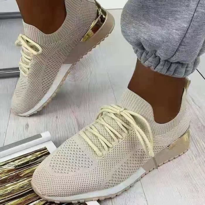 OS 2021 New Flying Woven Mesh Lace-up Flat-bottom Large Size Women Running Kaki