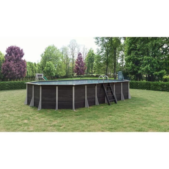 Piscine Composite Octogonale 7,1 * 3,93m semi-enterrée - Modèle Agon - Structure acier Just'aposé - Gris anthracite