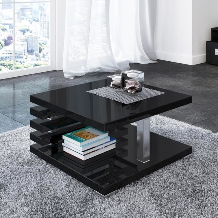 Table basse design - ARIENE - 60x60 cm - noir brillant - étagère pratique sous le plateau