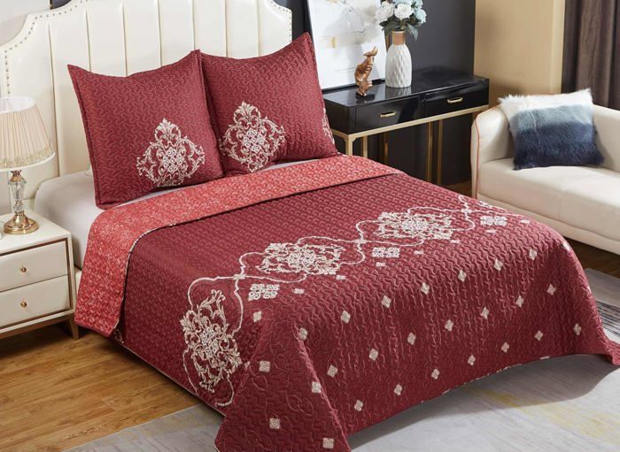 Couvre-lit Matelassé Épais 220x240 Cm + 2 Taies 65x65 Cm – M23-6023 – Microfibre Douce & Imprimé Double Face