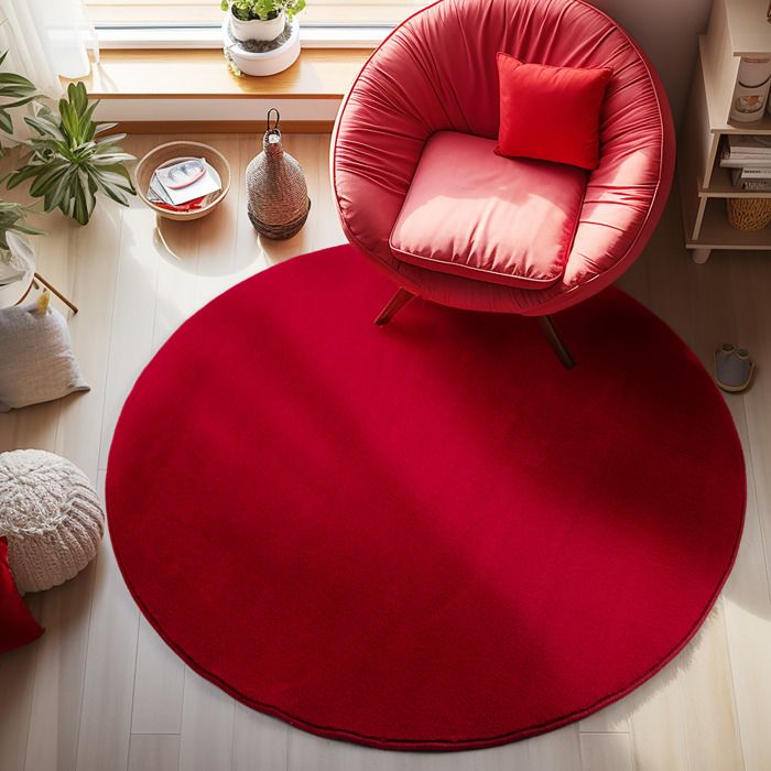 Tapis Rond Rouge 160 Cm – Poils Ras, Doux, Antidérapant, Pour Salon/chambre - 8
